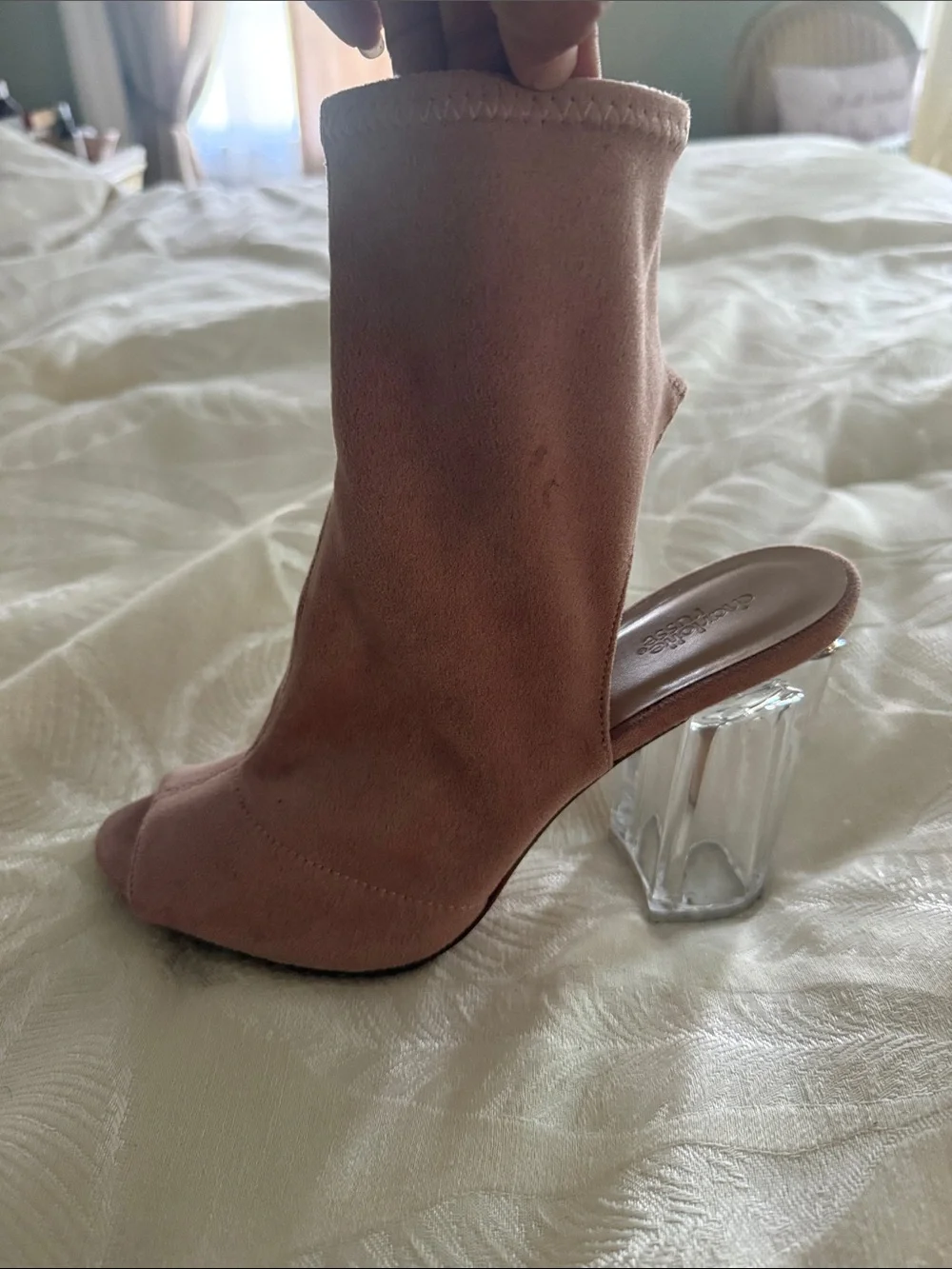 Women's Blush Pink Peep-Toe Sock Booties with Clear Block Heel